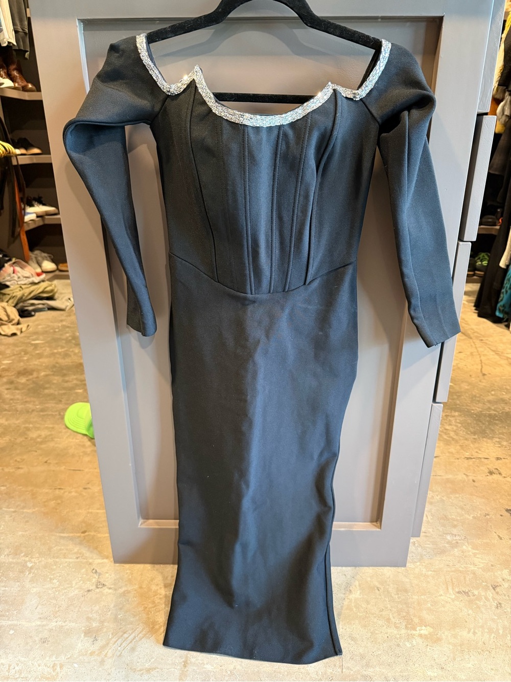 Fashion Nova Black Long Sleeve Off-Shoulder Dress with Silver Trim